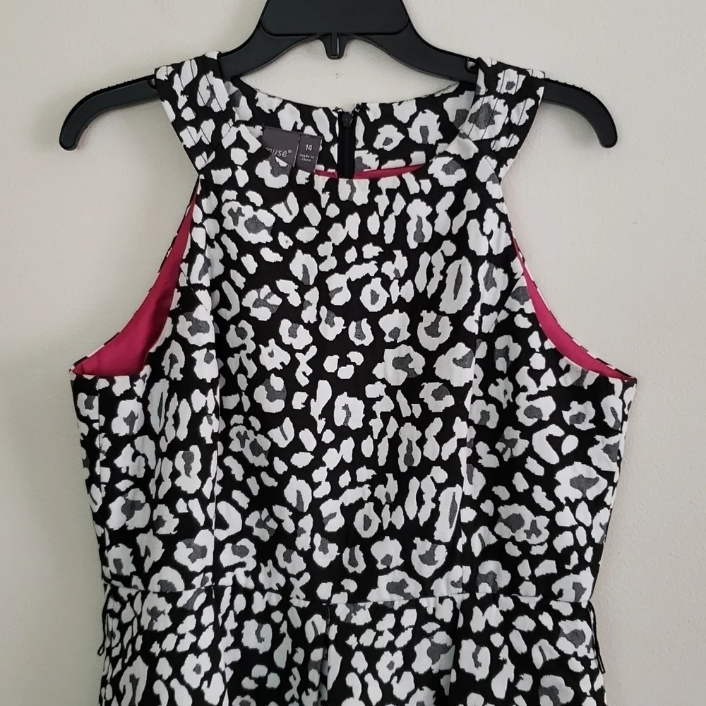 Muse knee length dress midi black white leopard print high neck, women's size 14